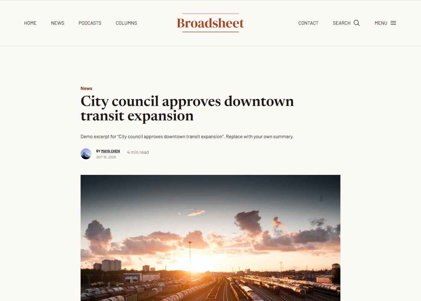 Article page with author, read time, and hero image